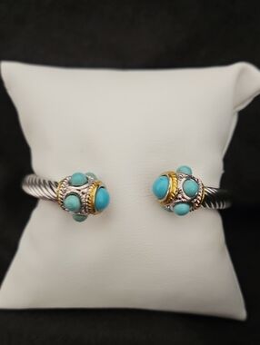 Turquoise Accent Silver-Tone Cable Cuff Bracelet